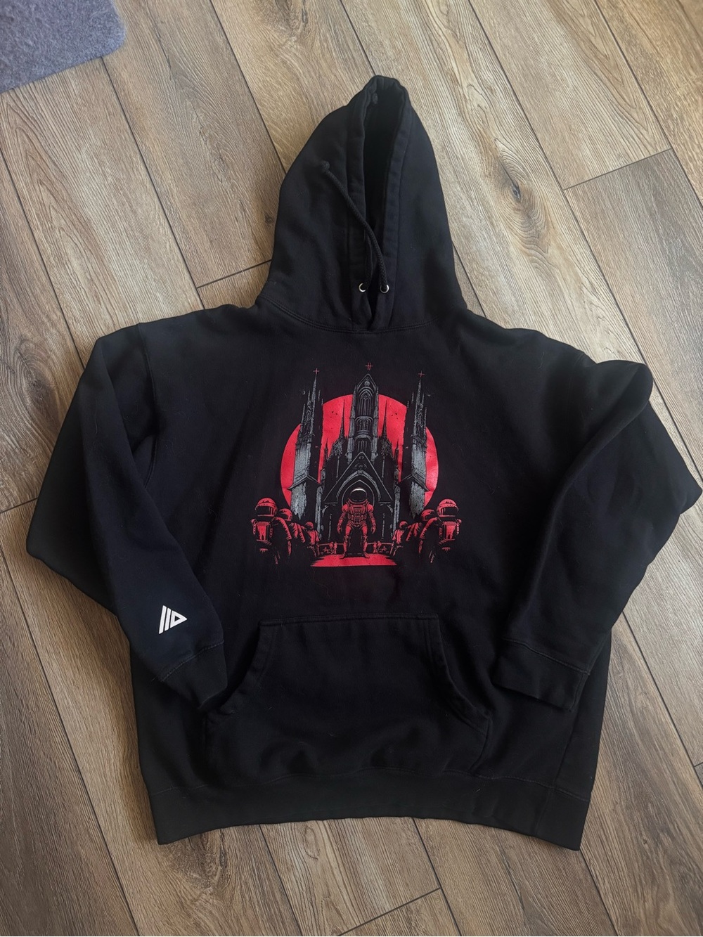 ATLiens Space Cathedral Tour Black Graphic Pullover Hoodie with Red Sci‑Fi Crest